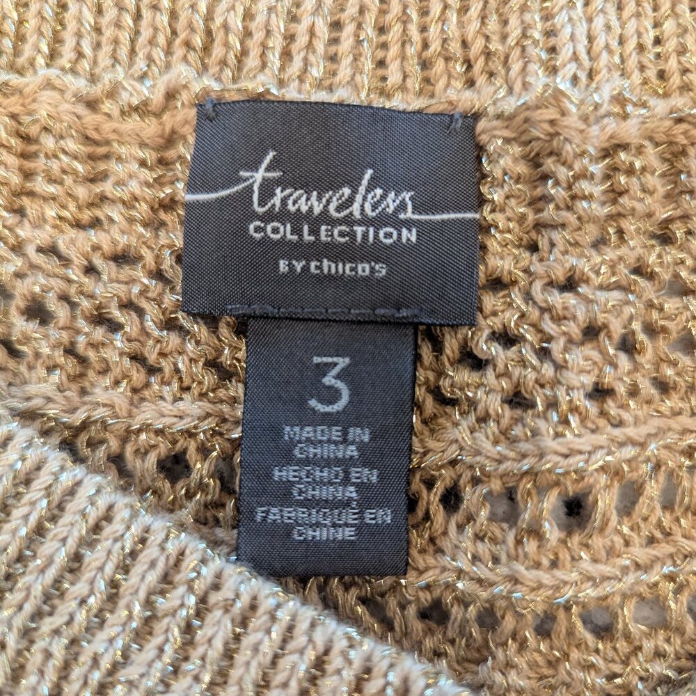 CHICO'S Travelers Slouchy Boat Neck Sweater 3 Gold 3/4 Sleeve Loose Weave Comfy - Picture 5 of 8